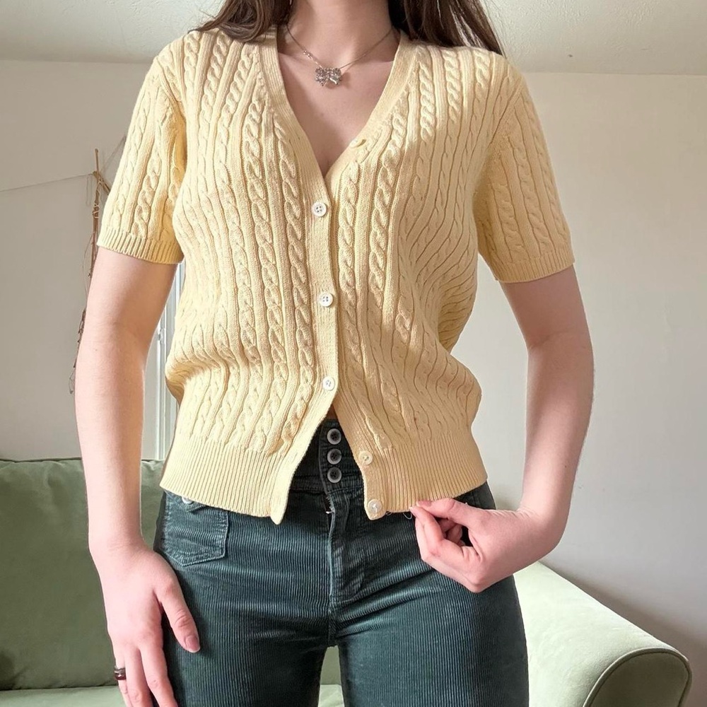 Ralph Lauren Vintage Yellow Cable Knit Short Sleeve Cardigan Sweater Sz Medium